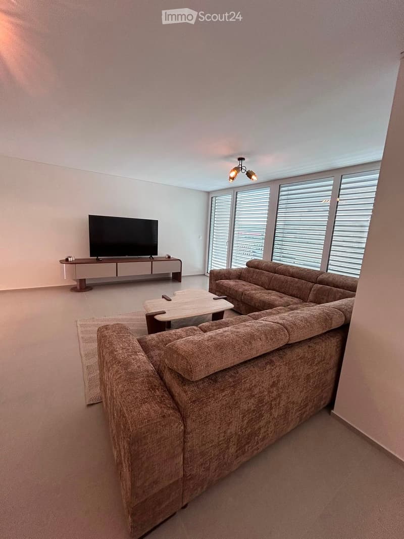 Modern living room with large windows, beige carpet, a sectional sofa, coffee table, and a television on a stand.