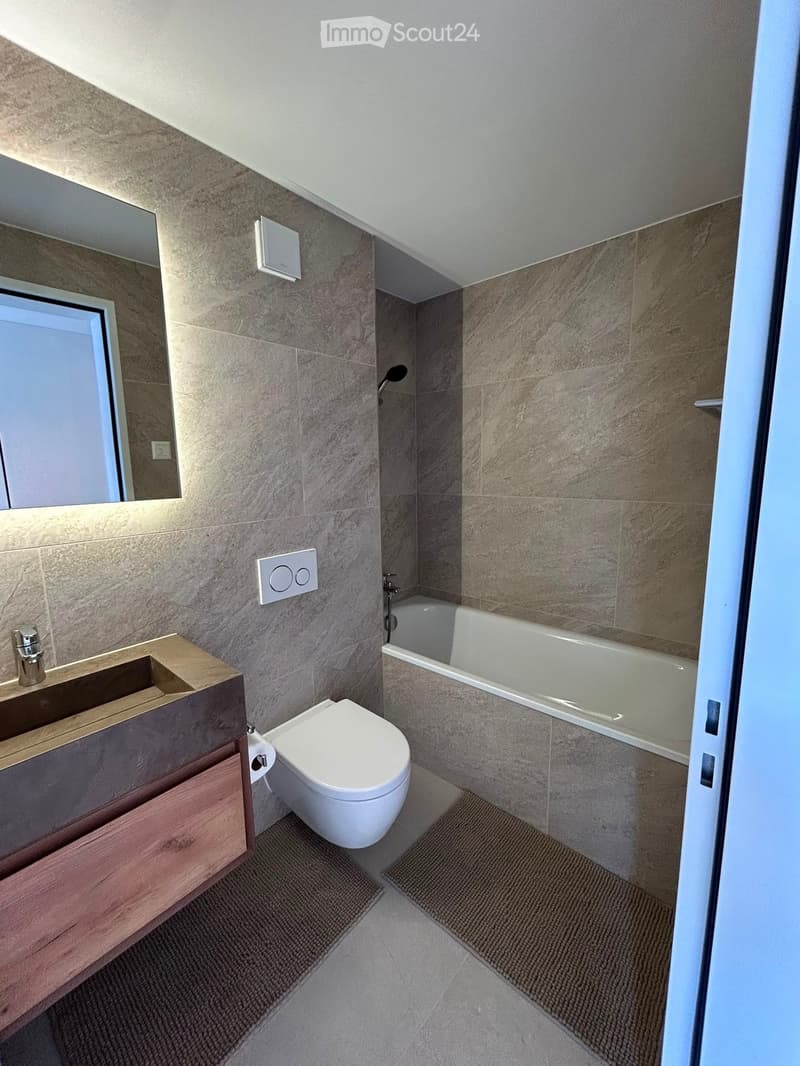 Modern bathroom with a sleek sink, toilet, bathtub, and mirror. The walls are tiled in a marble-like pattern, and the floor is covered with a textured rug.