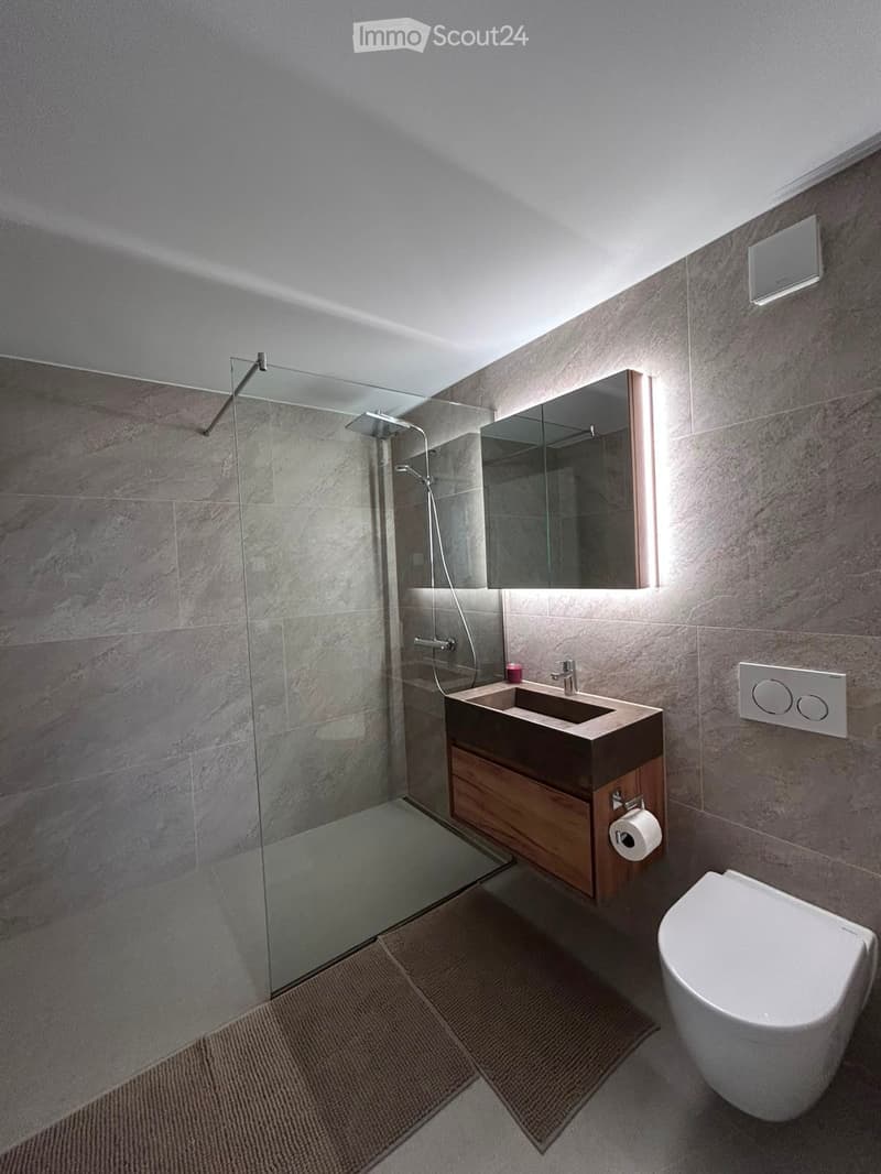 Modern bathroom with grey marble tiles, a glass-enclosed shower, a wooden vanity with a sink, a toilet, and a large mirror above the sink.