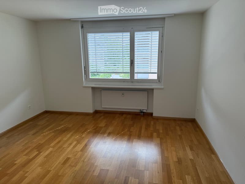 Empty room with wooden flooring, white walls, and a large window with blinds. A radiator is mounted below the window.