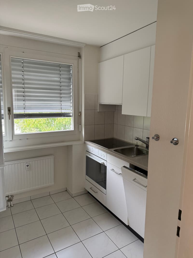 Modern kitchen with white cabinets, stainless steel sink, oven, and radiator. Features tiled flooring and a window with blinds.