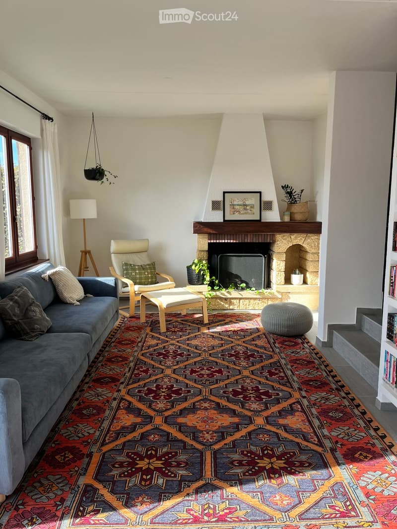 Living room with a fireplace, sofa, armchair, ottoman, floor lamp, and decorative plants.