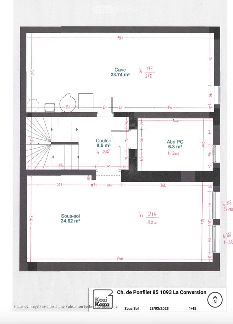 Floor plan of a basement level showing labeled areas: Cave (23.74 m²), Coulloir (8.5 m²), Abri PC (6.3 m²), and Sous-sol (24.62 m²). Dimensions and heights are marked in centimeters and meters.