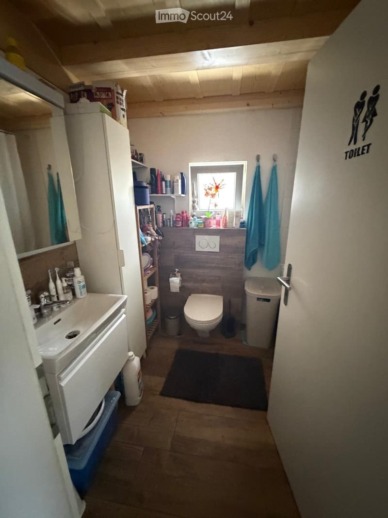 Functional bathroom with a sink, toilet, mirror, shelves, and towels. Includes a small window and a door with a sign reading 'TOILET'.