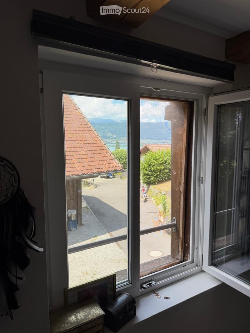 Room with large windows offering a scenic view of a house, mountains, and a lake. Visible items include a dreamcatcher, a picture frame, and a small chest on the windowsill.