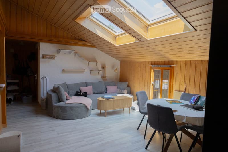 Bright, modern living space with wooden walls and ceiling, skylights, grey sectional sofa, round coffee table, dining table with chairs, and books on the table.