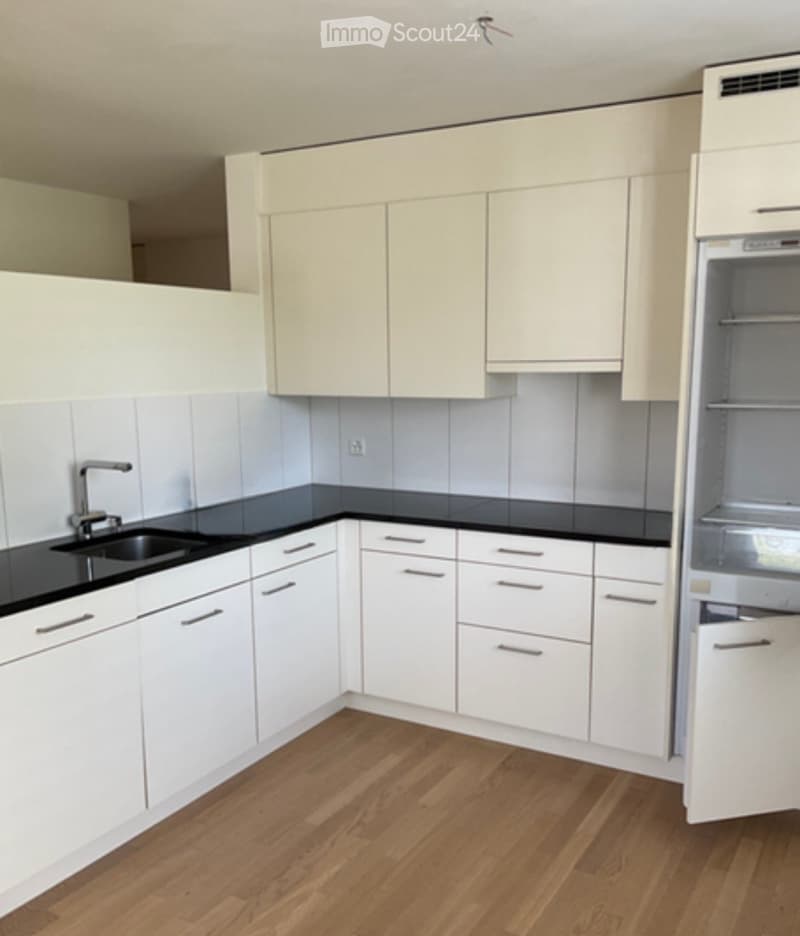 Modern kitchen with white cabinets, black countertops, and a stainless steel sink. The floor is wooden, and the refrigerator is visible on the right side.