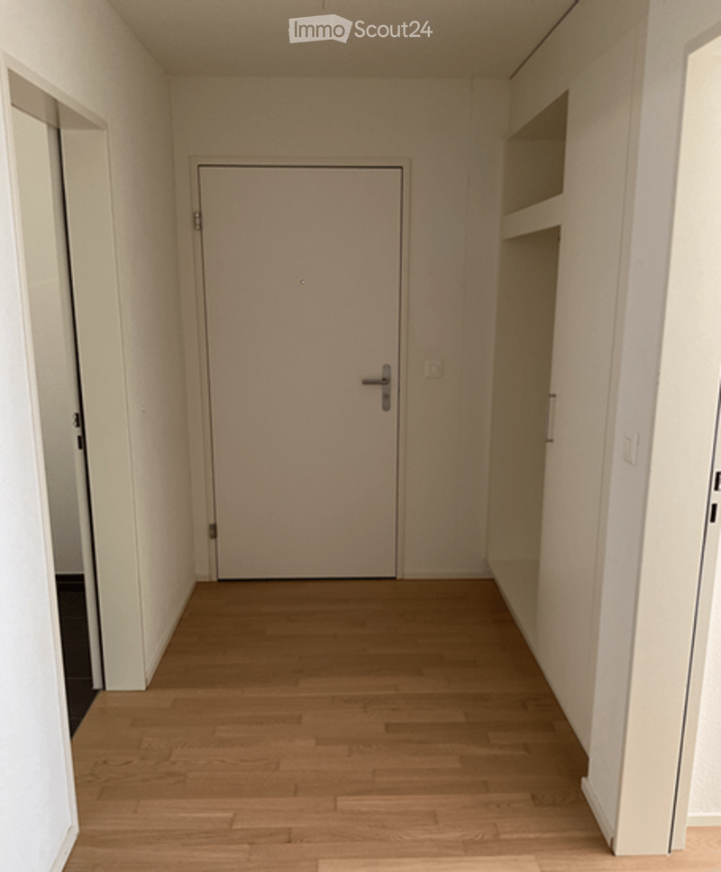 Empty hallway with wooden flooring, white walls, and a closed door at the end.