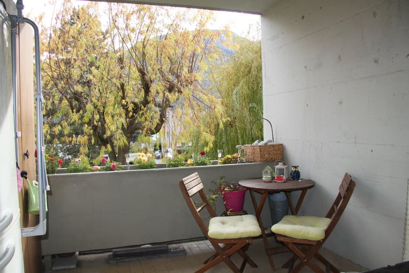 Balcony with a small round table, two folding chairs, a potted plant, a decorative basket, and an owl figurine. The balcony overlooks a garden with trees and flowers.