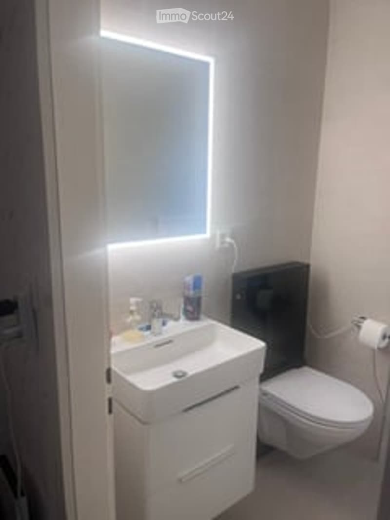 Modern bathroom with a white sink, mirror, and toilet. The sink has a sleek design with a built-in storage cabinet below. A light fixture is mounted above the mirror, providing illumination.