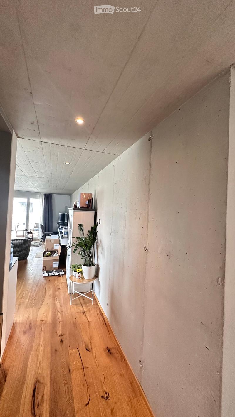A narrow hallway with wooden flooring, white walls, and recessed ceiling lighting. A small round table with a potted plant is placed against the wall, and a glimpse of a living area with furniture and a TV is visible at the end of the hallway.