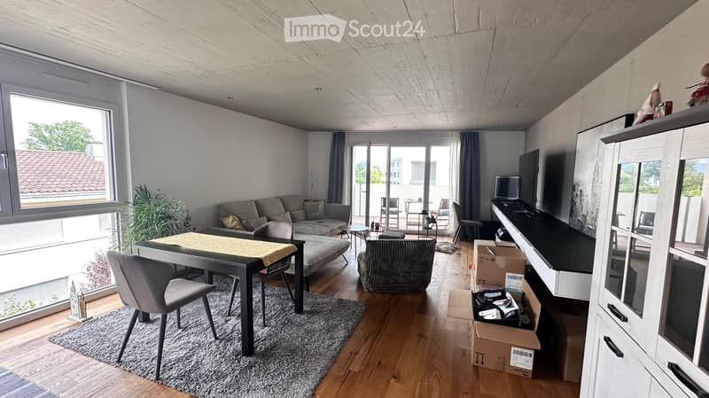 Living room with a sofa, coffee table, dining table, chairs, TV screen, and cabinet. Large windows and sliding doors lead to a balcony area with outdoor furniture.