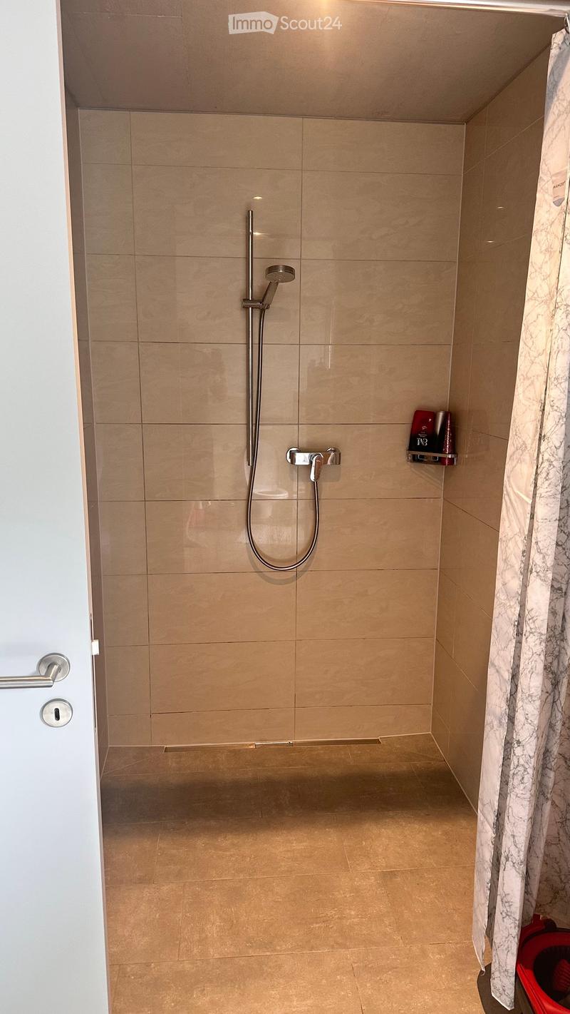 Modern shower area with beige tiles, a handheld showerhead, and a built-in shelf holding toiletries.