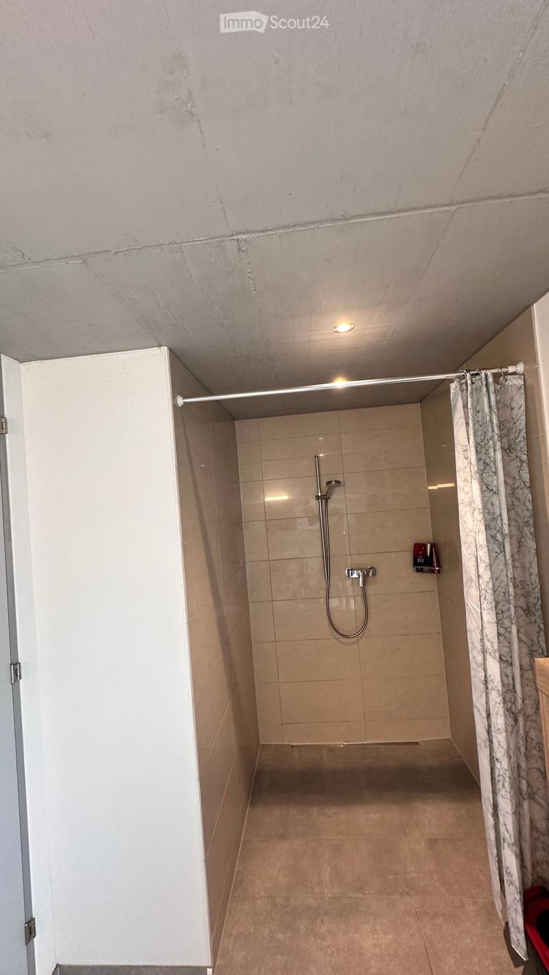 Shower area with beige tiles, a glass shower enclosure, a shower curtain, and a shower head with a handheld sprayer.