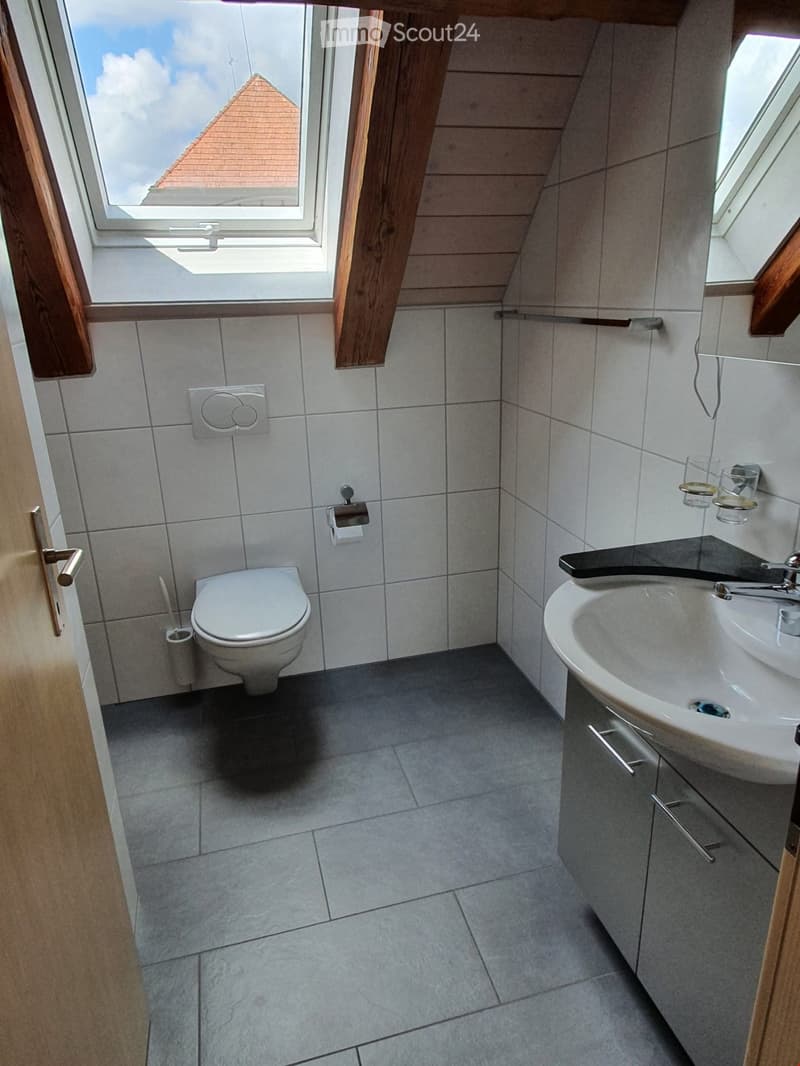 Small bathroom with a toilet, sink, and mirror. The room has tiled walls and a grey tiled floor, with a window offering a view of a roof.