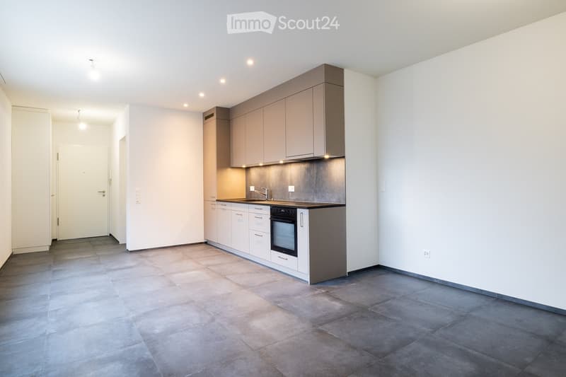 Modern kitchen with grey and white cabinets, stainless steel sink, and built-in oven. The space features tiled flooring and recessed lighting.