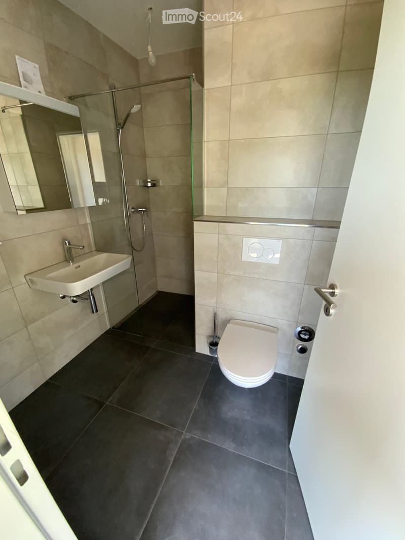 Modern bathroom with a white sink, mirror, toilet, and glass-enclosed shower area. Dark tiled floor and beige tiled walls.