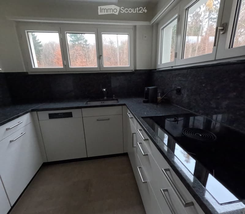 Modern kitchen with white cabinets, dark countertops, and multiple windows. Includes a sink, faucet, and a coffee maker on the counter.
