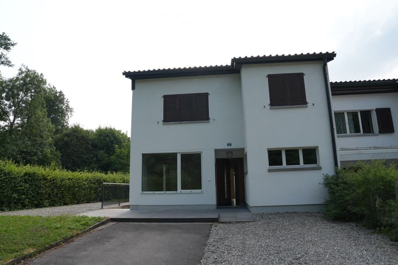 Modern two-story house with white exterior, dark shutters, large windows, and a small entrance porch.