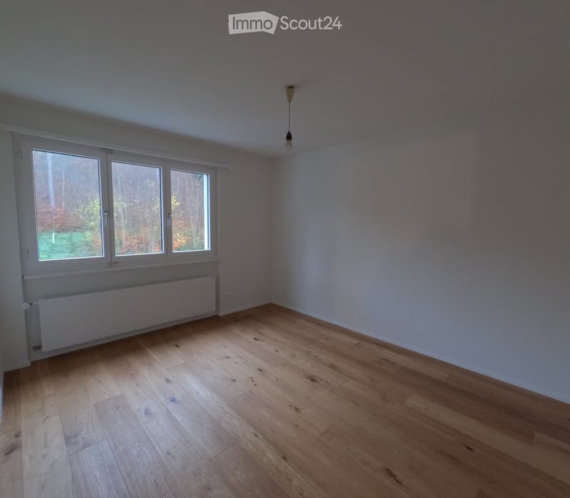 Empty room with wooden flooring, white walls, large windows, radiator, and a single hanging light fixture.