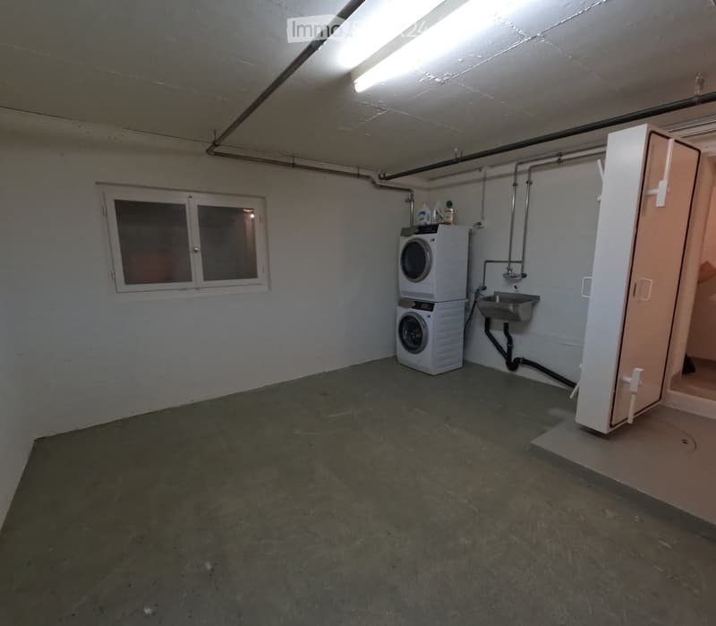 Concrete floor basement bathroom with a washing machine, sink, and small window.