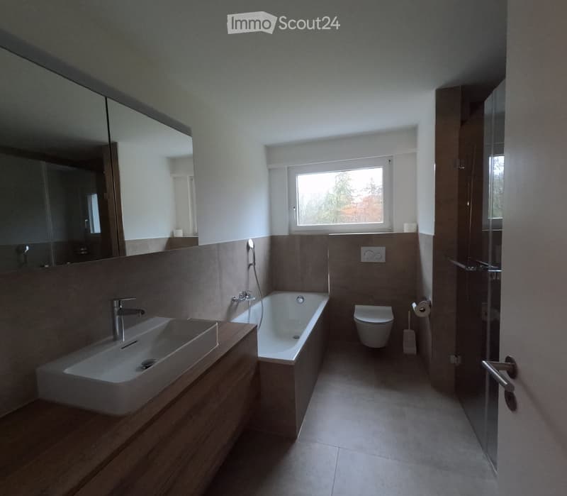 Modern bathroom with a large mirror, sink, bathtub, toilet, and showerhead. The space features a window with a view of trees and is well-lit with natural light.