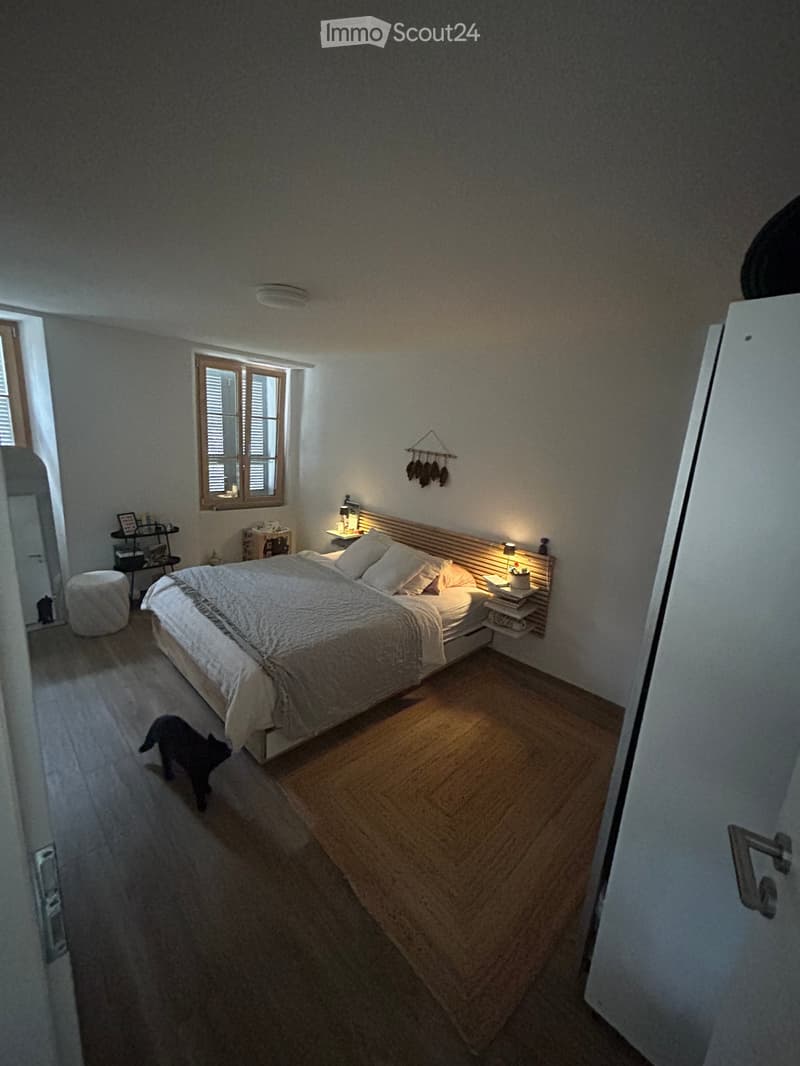 Cozy bedroom with a large bed, nightstands, lamps, a small stool, and a decorative wall hanging. Wooden flooring and a small dog is visible.