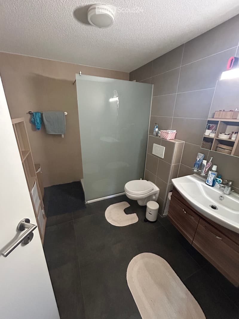 Modern bathroom with dark tiled floor, white toilet, sink with wooden cabinet, shower with glass door, towels, and toiletries.