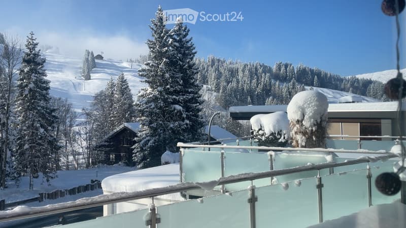 Winter scene with snow-covered trees, a modern house with a glass balcony, and a ski slope in the background.