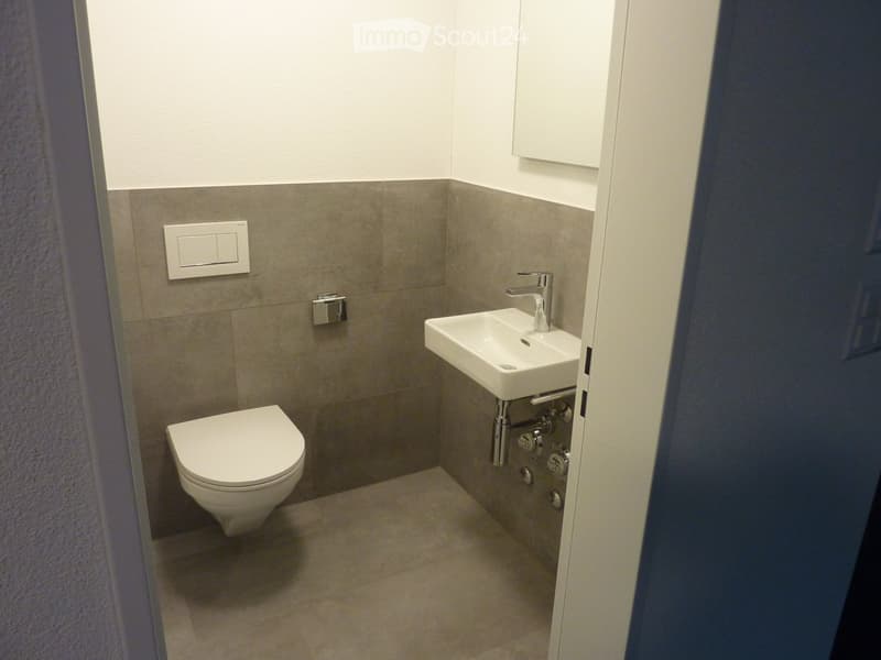 Modern bathroom with a toilet, sink, and faucet. Light-colored tiles and a sleek design.