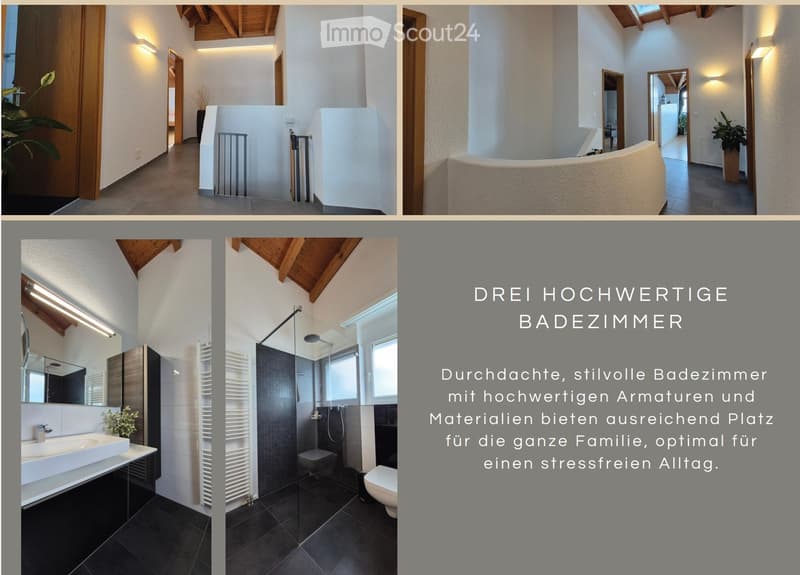 Modern bathrooms with sleek fixtures, dark tiles, and ample natural light. Features include a large mirror, a walk-in shower, and a toilet.