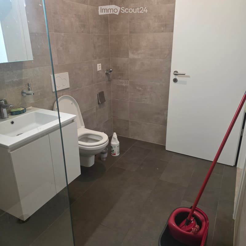 Modern bathroom with a white sink, chrome faucet, toilet, and a small bottle on the floor. The walls are tiled in a neutral color, and a red mop is placed in a bucket near the door.