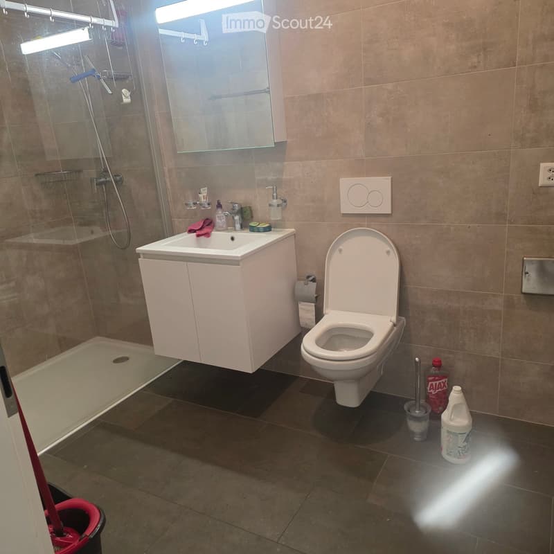 Modern bathroom with a white toilet, sink, and glass-enclosed shower. Includes cleaning supplies and a mop bucket near the entrance.