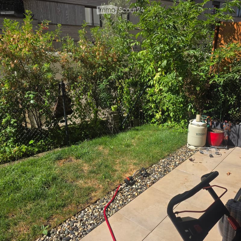 Garden area with a small lawn, gravel border, and various plants, including a large bush and smaller shrubs. A propane tank and a red pot are visible on the right side, along with a paved patio area.