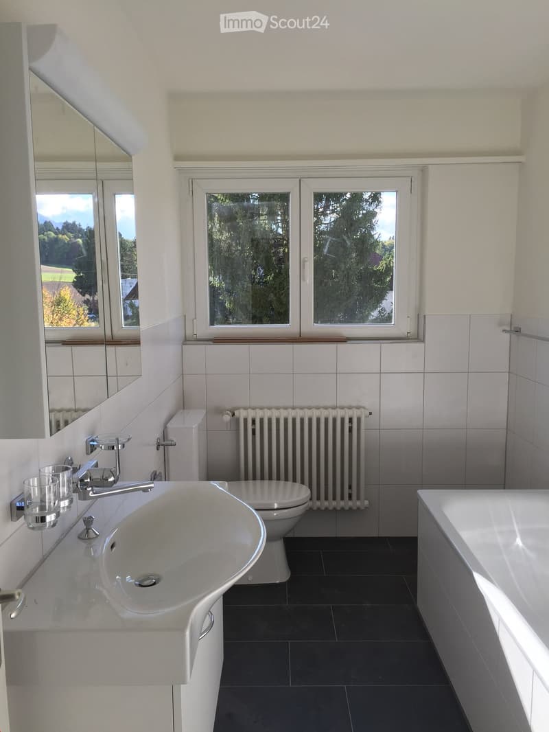 Modern bathroom with white tiles, a large sink, a toilet, a bathtub, a radiator, and a large mirror. The room has large windows with a view of greenery outside.