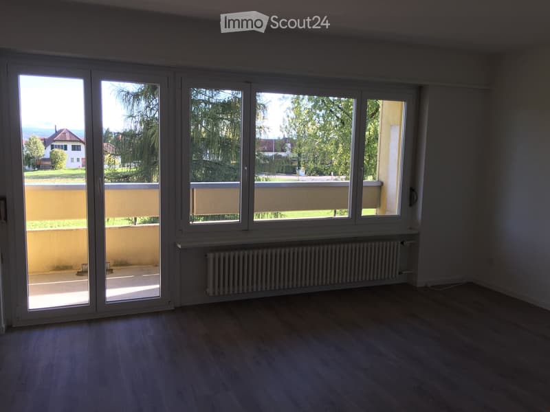 Empty room with wooden flooring, large sliding glass doors leading to a balcony, radiator, and a view of greenery and houses outside.