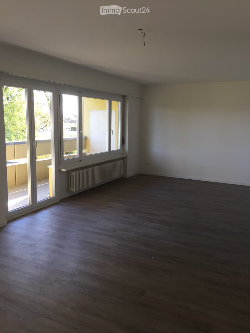Empty room with wooden flooring, large windows, and a radiator beneath them, leading to a balcony.