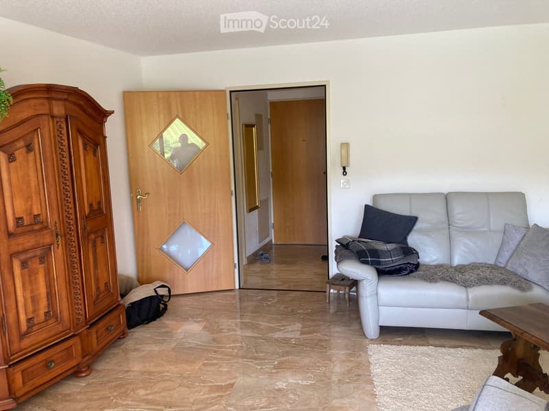 Living room with light-colored sofa, coffee table, wooden wardrobe, and a small rug on the floor.