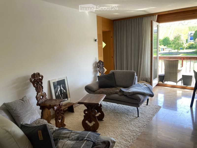 Living room with a grey sofa, wooden coffee table, ornate wooden chair, and a large picture frame on the wall. The room features a view of a balcony with outdoor seating.