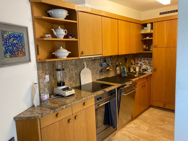 Modern kitchen with light wooden cabinets, granite countertops, stainless steel appliances, and decorative ceramic items on open shelving.