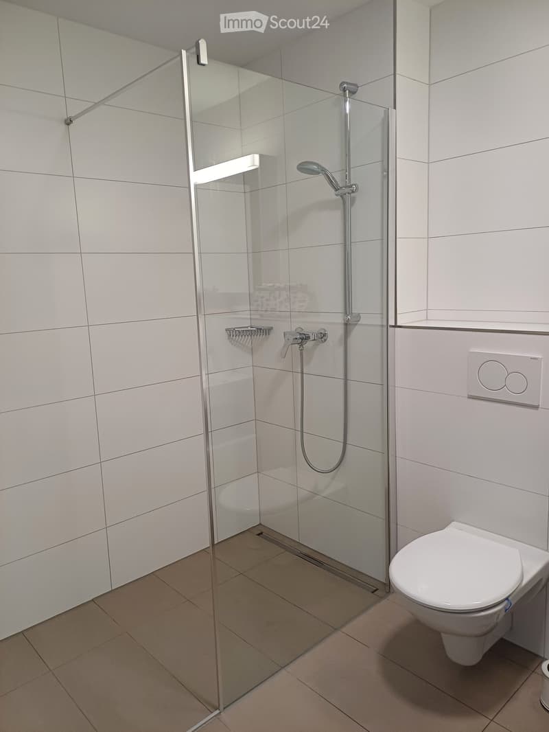 Modern bathroom with white tiled walls, a glass-enclosed shower, a toilet, and a sleek showerhead.