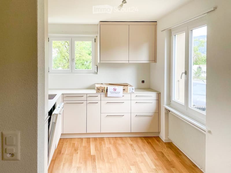 Modern kitchen with light-colored cabinets, wooden flooring, and large windows offering a view of greenery.