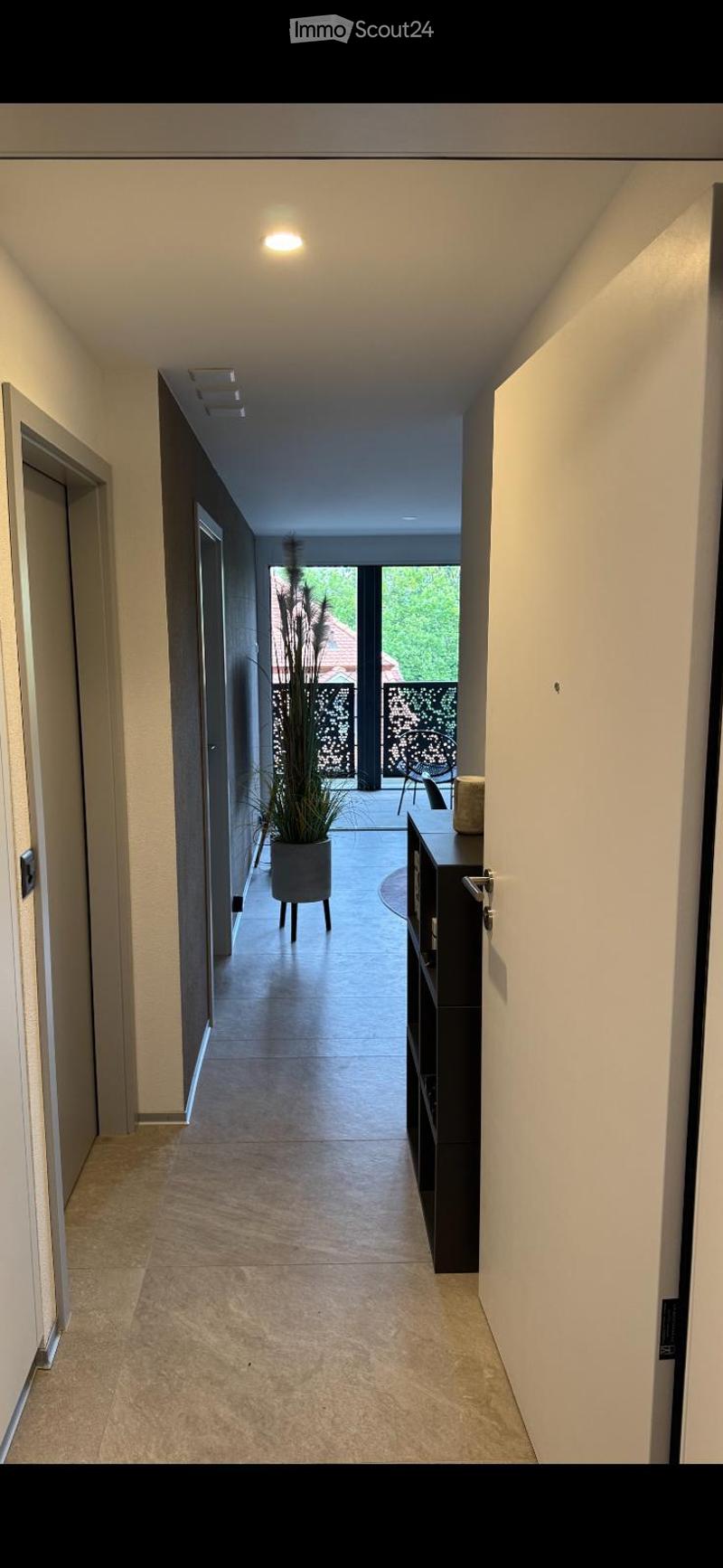 Modern hallway with tiled flooring, white walls, and recessed lighting. Features a potted plant and a small table near the entrance to a balcony area.