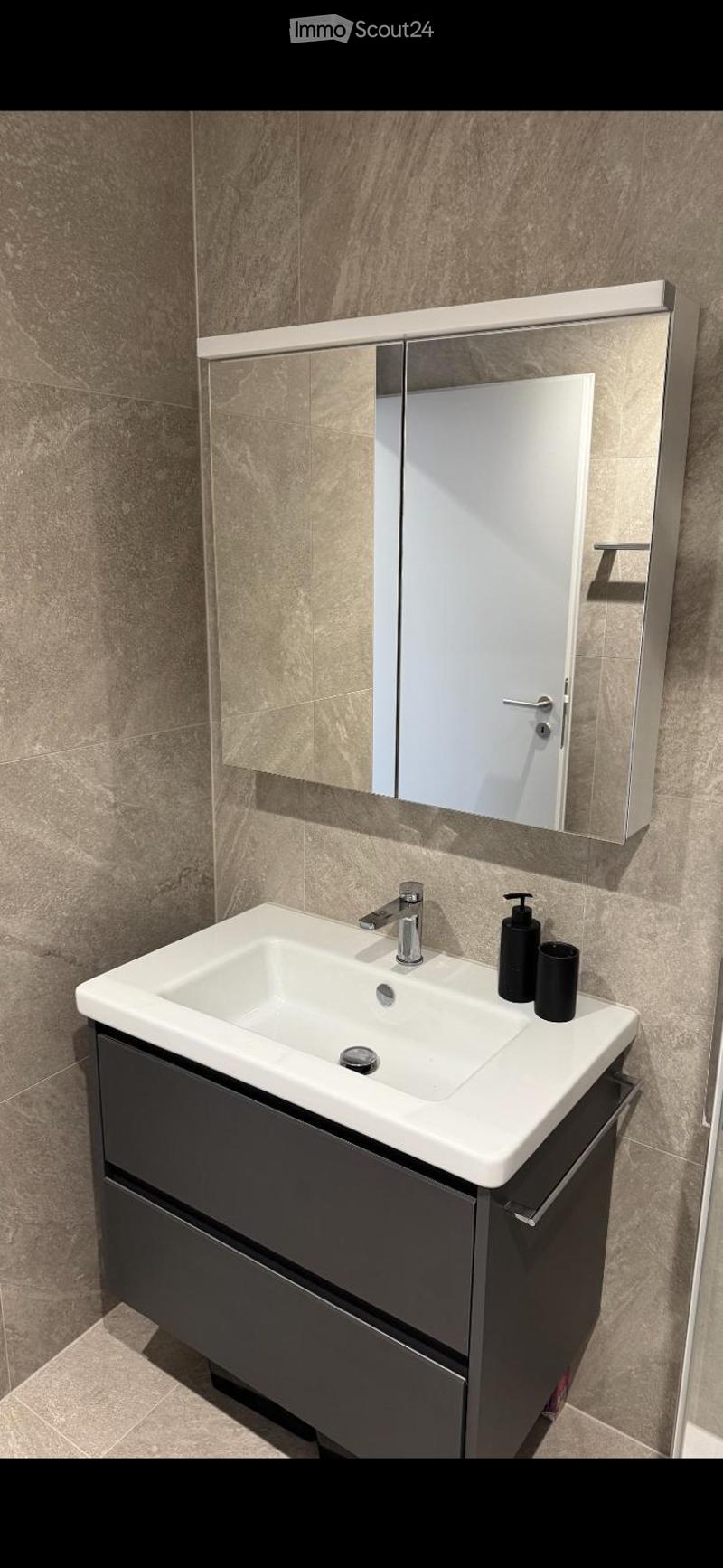 Modern bathroom with a white sink, chrome faucet, dark grey cabinet, and a large mirror with a sleek frame.