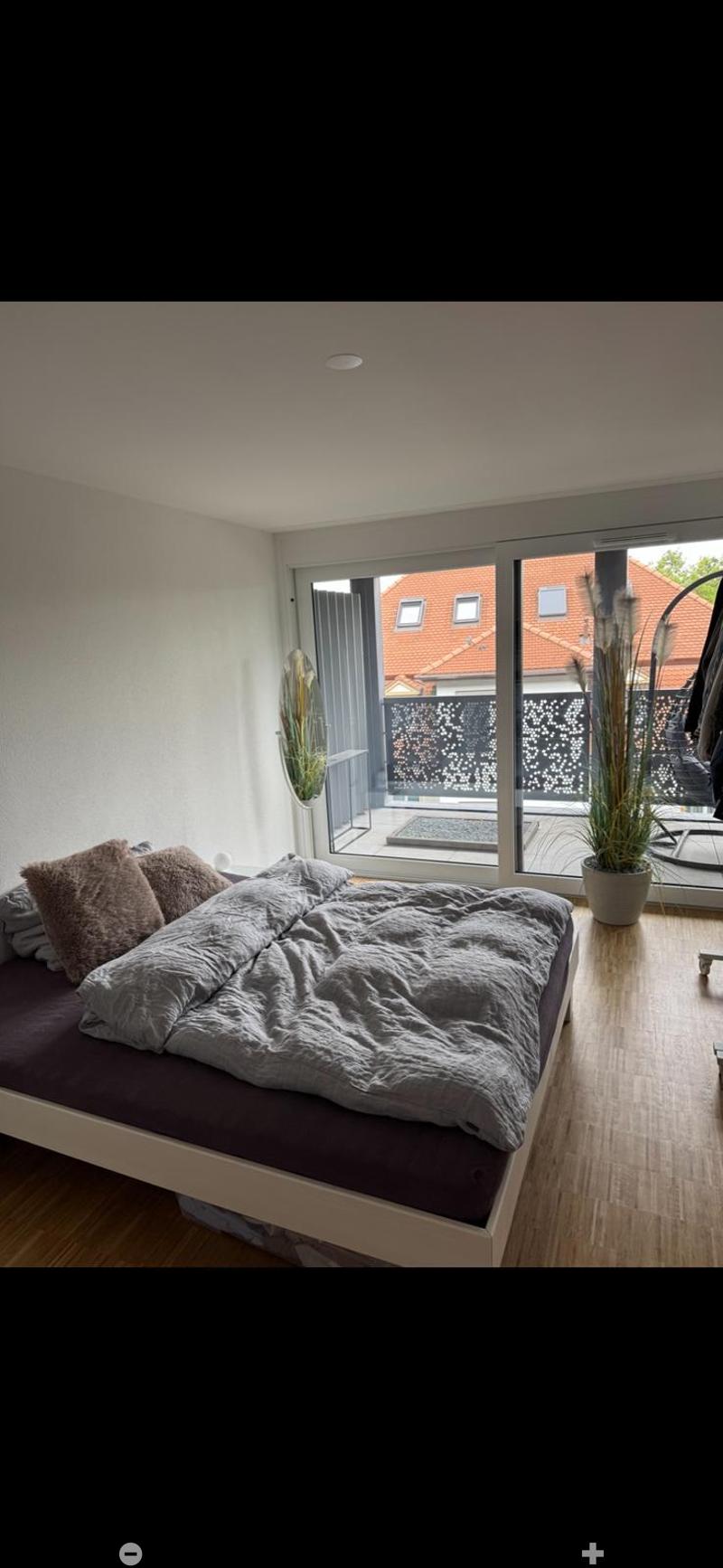 Modern bedroom with a large bed, grey bedding, and a balcony view. Features a potted plant near the sliding glass door.