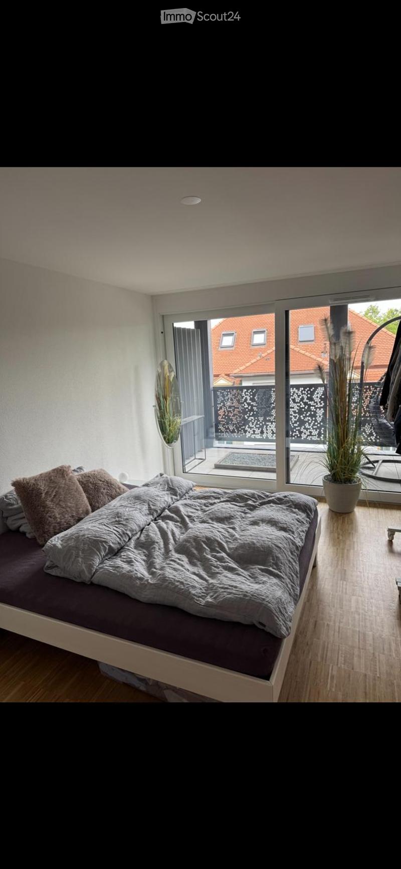 Modern bedroom with a large bed, grey bedding, and a balcony view. Features a potted plant near the sliding glass door.