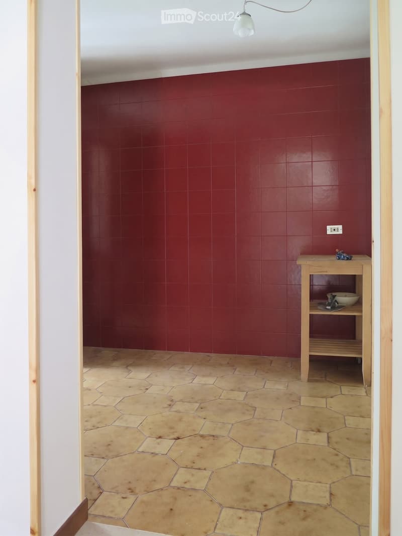A small, unfurnished room with hexagonal tiled flooring and red painted walls. A small wooden table with a shelf is positioned against the wall, holding a bowl and a toy.