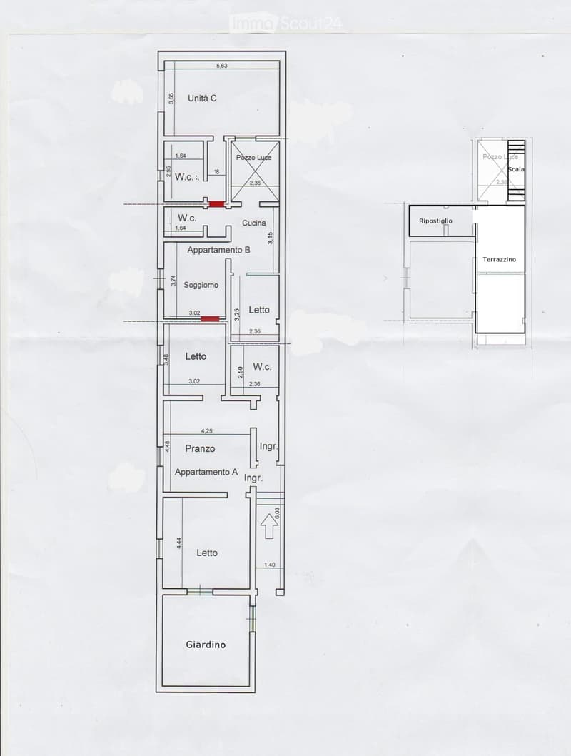 Floor plan showing three apartments (A, B, C) with bedrooms, bathrooms, kitchen, living room, and a garden. Includes a staircase, storage room, and terrace.