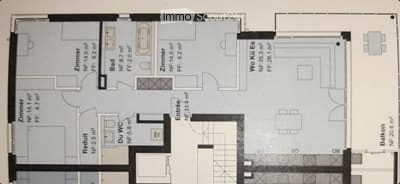Floor plan of a modern apartment with multiple rooms including living room, dining room, bedrooms, bathrooms, and kitchen.