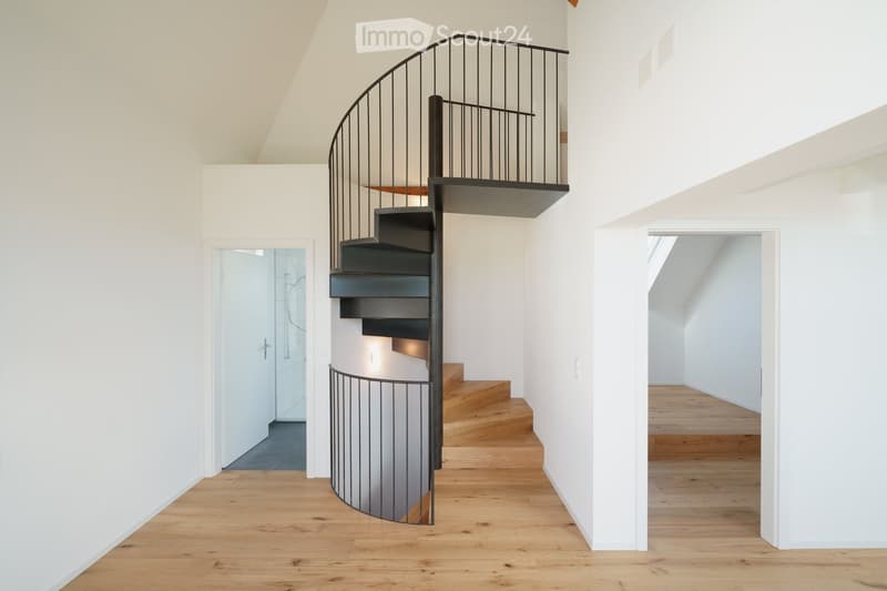 Modern hallway with a sleek, black spiral staircase featuring a metal railing and wooden steps, leading to an upper level. The space has light-colored wooden flooring and white walls, with a glass door visible on the left side.